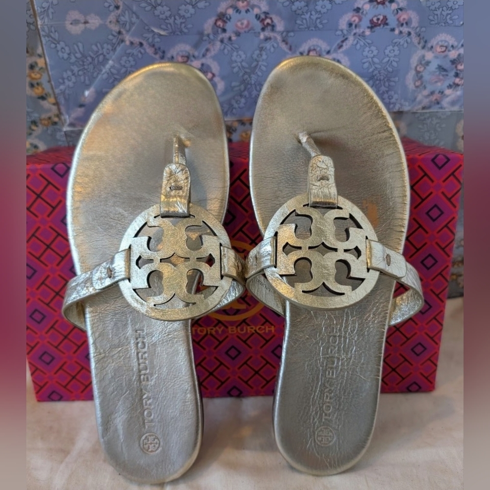 Tory Burch Designer Soft Miller Metallic Silver Sandals Leather silver 7.5